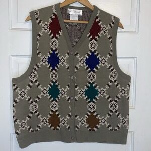 Large Vintage Cardigan Sweater Vest Argyle Inspo. Patterned Grandpa Cottage Core
